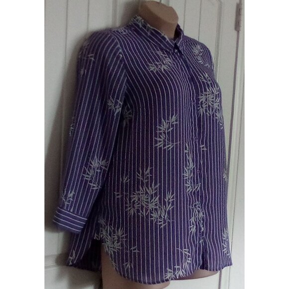 Catherines Women's Blouse Size 0X 14/16W Purple & White Bamboo Print Long Sleeve - Picture 2 of 5